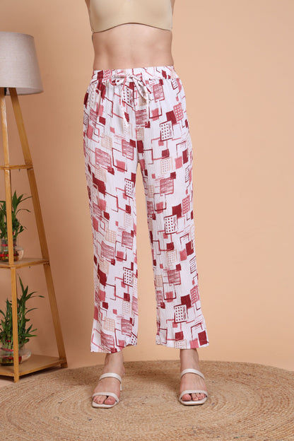 Yash Gallery Women’s Cotton Blend Printed Kaftan Style Top with Drawstring Waist & Straight Pants Night Suit Set (White)