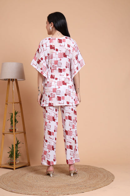 Yash Gallery Women’s Cotton Blend Printed Kaftan Style Top with Drawstring Waist & Straight Pants Night Suit Set (White)