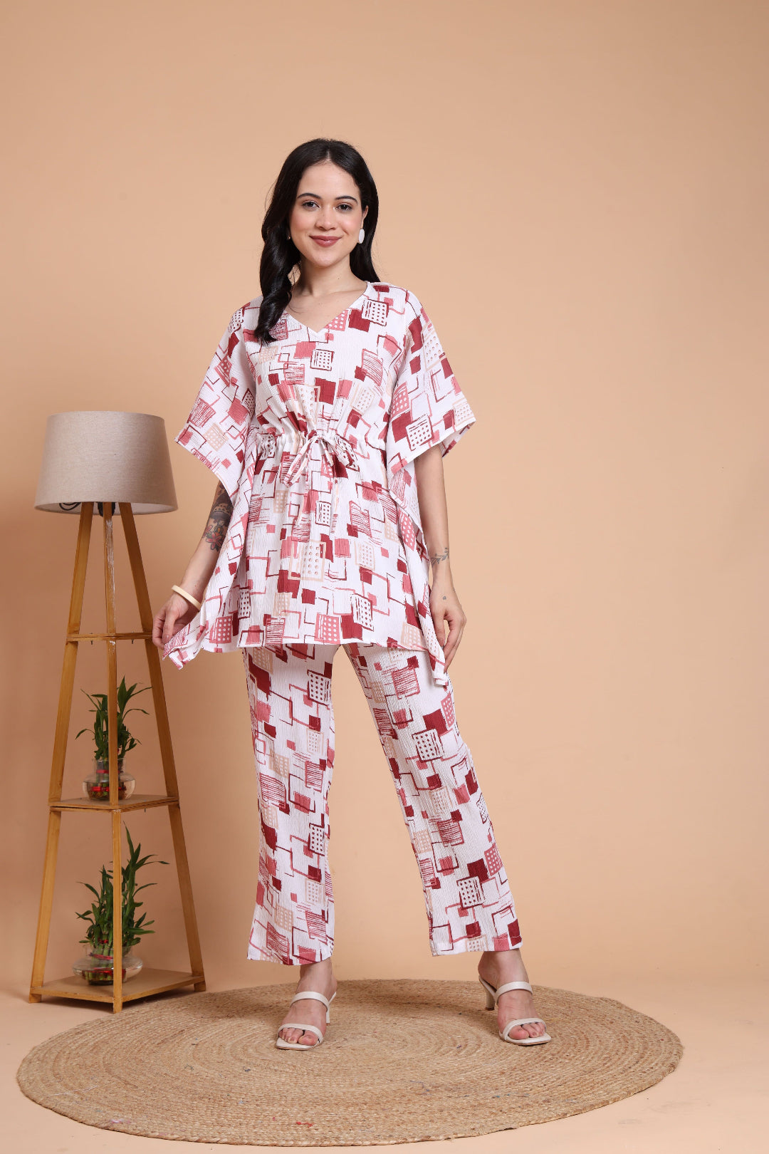 Yash Gallery Women’s Cotton Blend Printed Kaftan Style Top with Drawstring Waist & Straight Pants Night Suit Set (White)