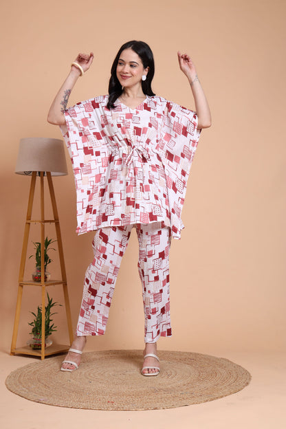 Yash Gallery Women’s Cotton Blend Printed Kaftan Style Top with Drawstring Waist & Straight Pants Night Suit Set (White)