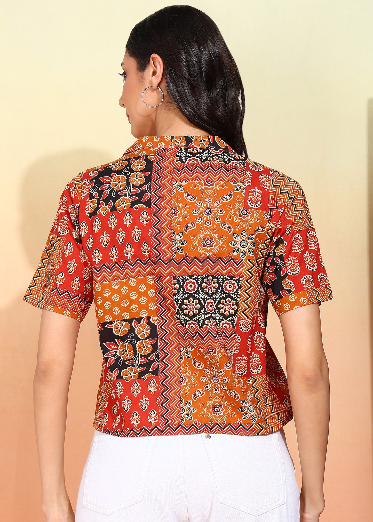 Yash Gallery Women's Blue Printed Cambric Cotton Short Sleeve Shirt Top