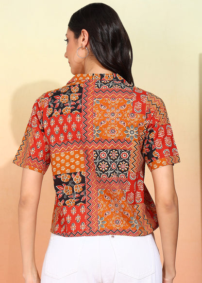 Yash Gallery Women's Blue Printed Cambric Cotton Short Sleeve Shirt Top