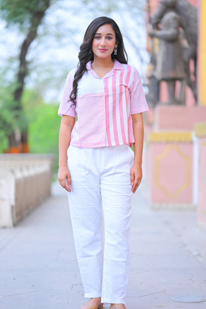 Yash Gallery Women’s Poly Viscose Striped Shirt Top Short Sleeve (White)