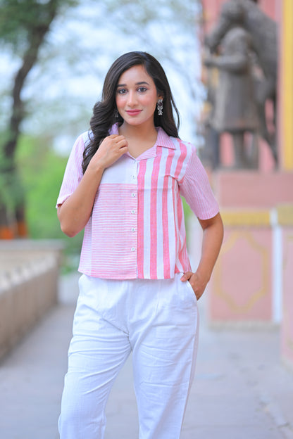 Yash Gallery Women’s Poly Viscose Striped Shirt Top Short Sleeve (White)