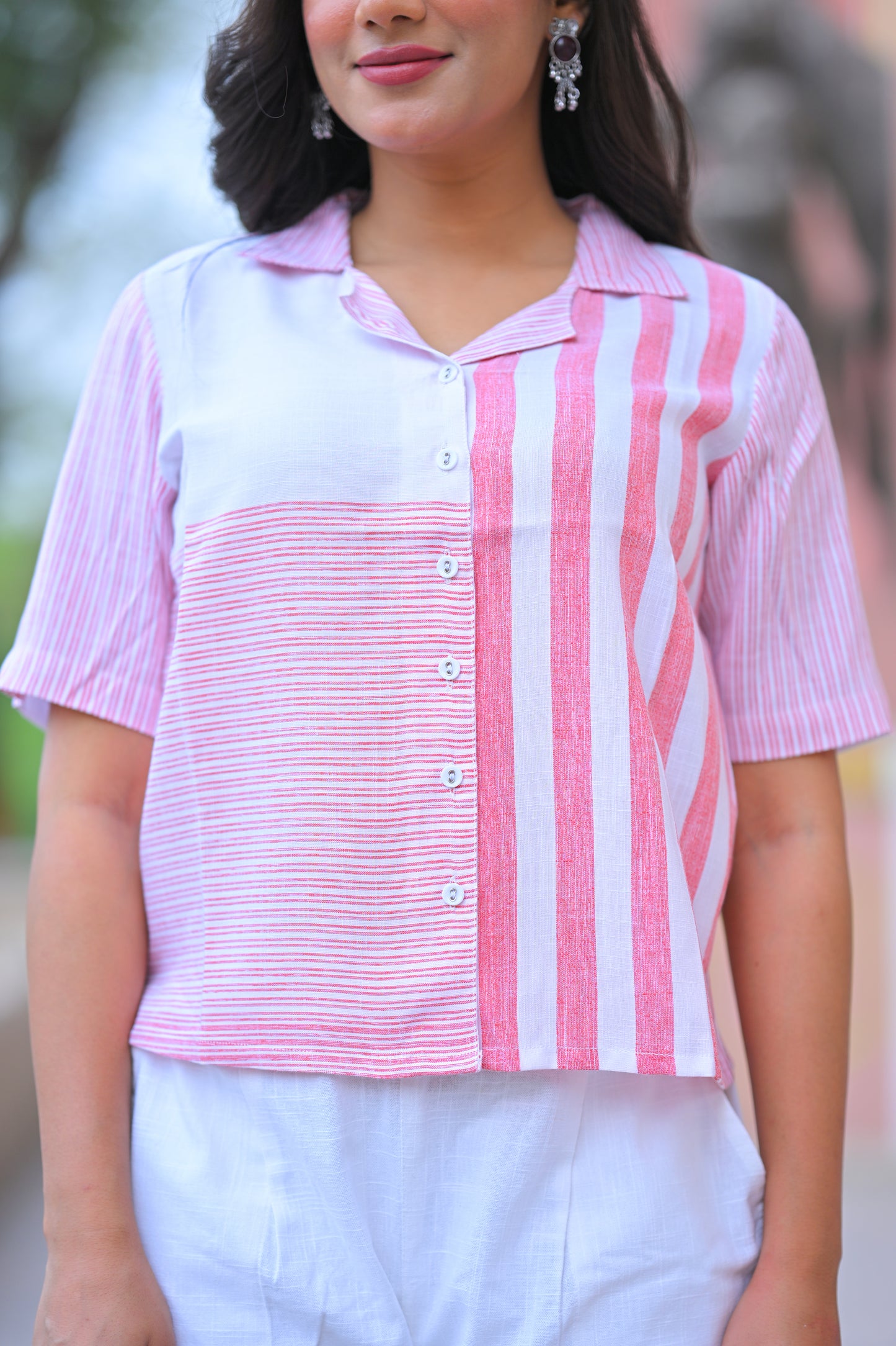 Yash Gallery Women’s Poly Viscose Striped Shirt Top Short Sleeve (White)