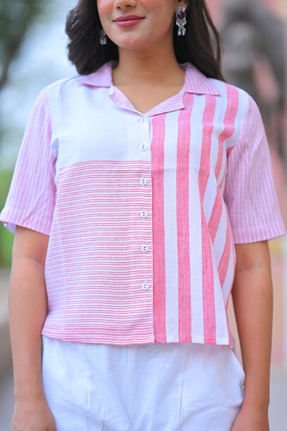 Yash Gallery Women’s Poly Viscose Striped Shirt Top Short Sleeve (White)