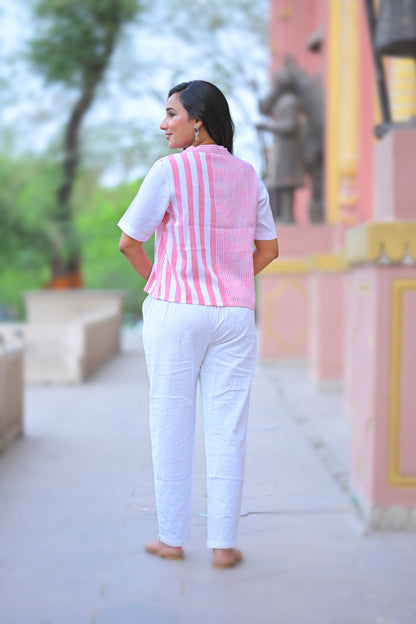 Yash Gallery Women’s Poly Viscose Striped Shirt Top Short Sleeve (White)