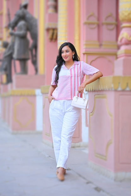 Yash Gallery Women’s Poly Viscose Striped Shirt Top Short Sleeve (White)