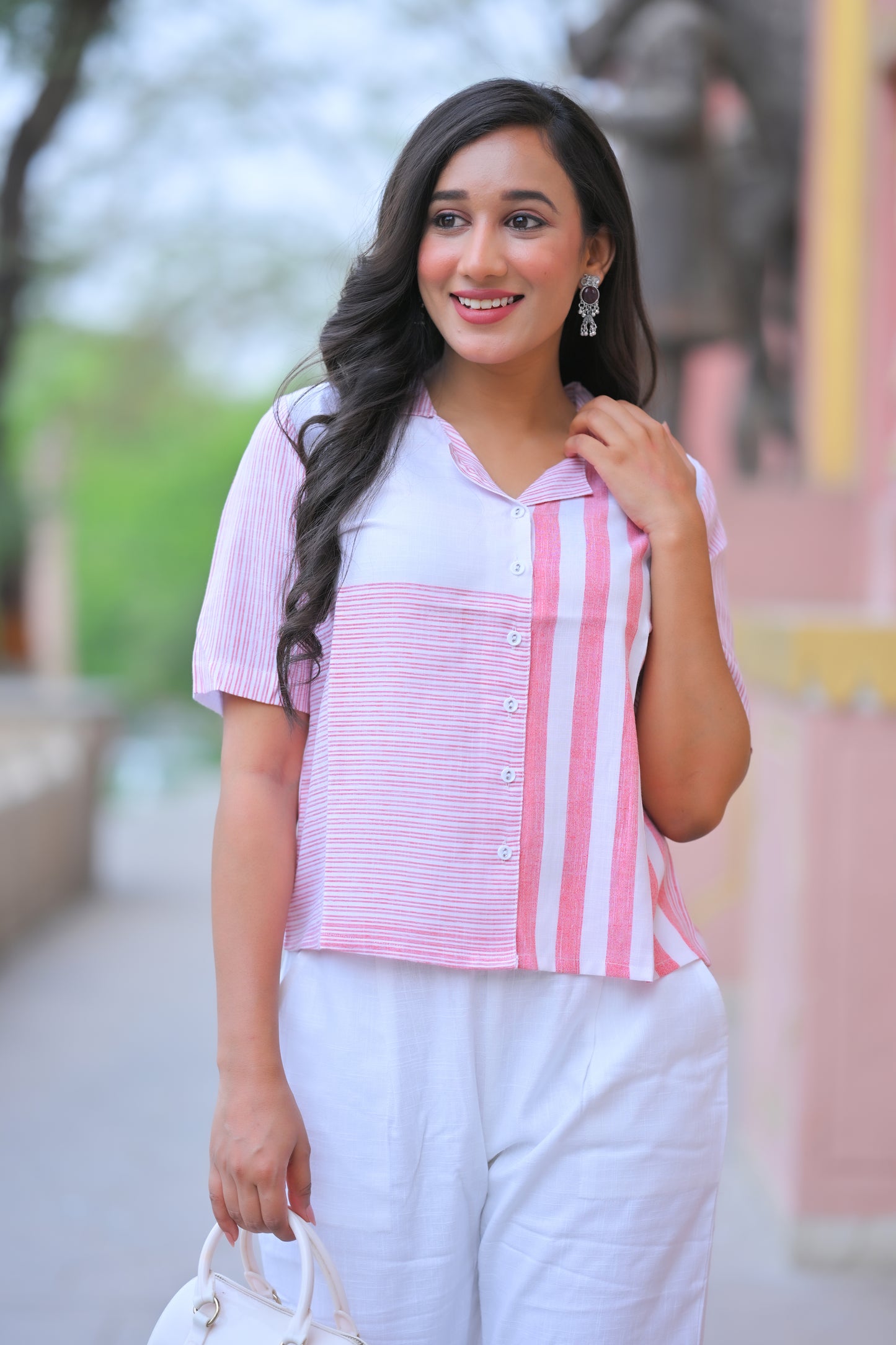 Yash Gallery Women’s Poly Viscose Striped Shirt Top Short Sleeve (White)