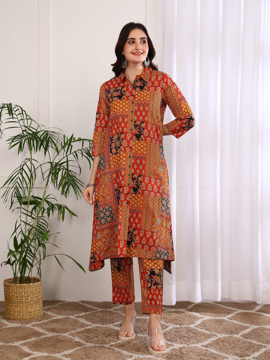 Yash Gallery Women’s Cambric Cotton Printed A-Line Kurta with Pant Set