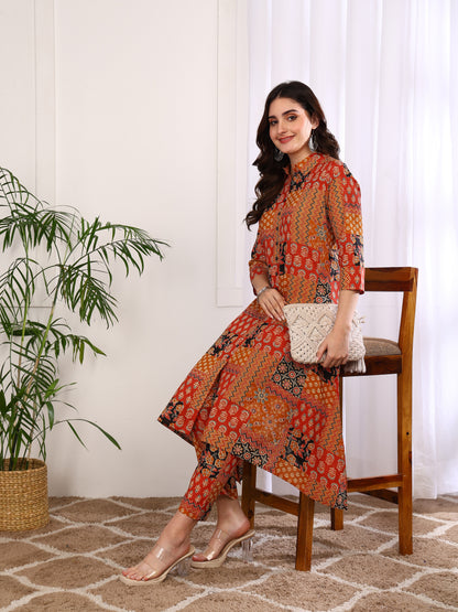 Yash Gallery Women’s Cambric Cotton Printed A-Line Kurta with Pant Set