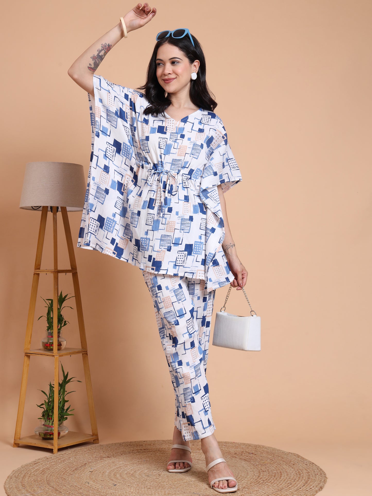Yash Gallery Women’s Cotton Blend Printed Kaftan Style Top with Drawstring Waist & Straight Pants Night Suit Set (Blue)