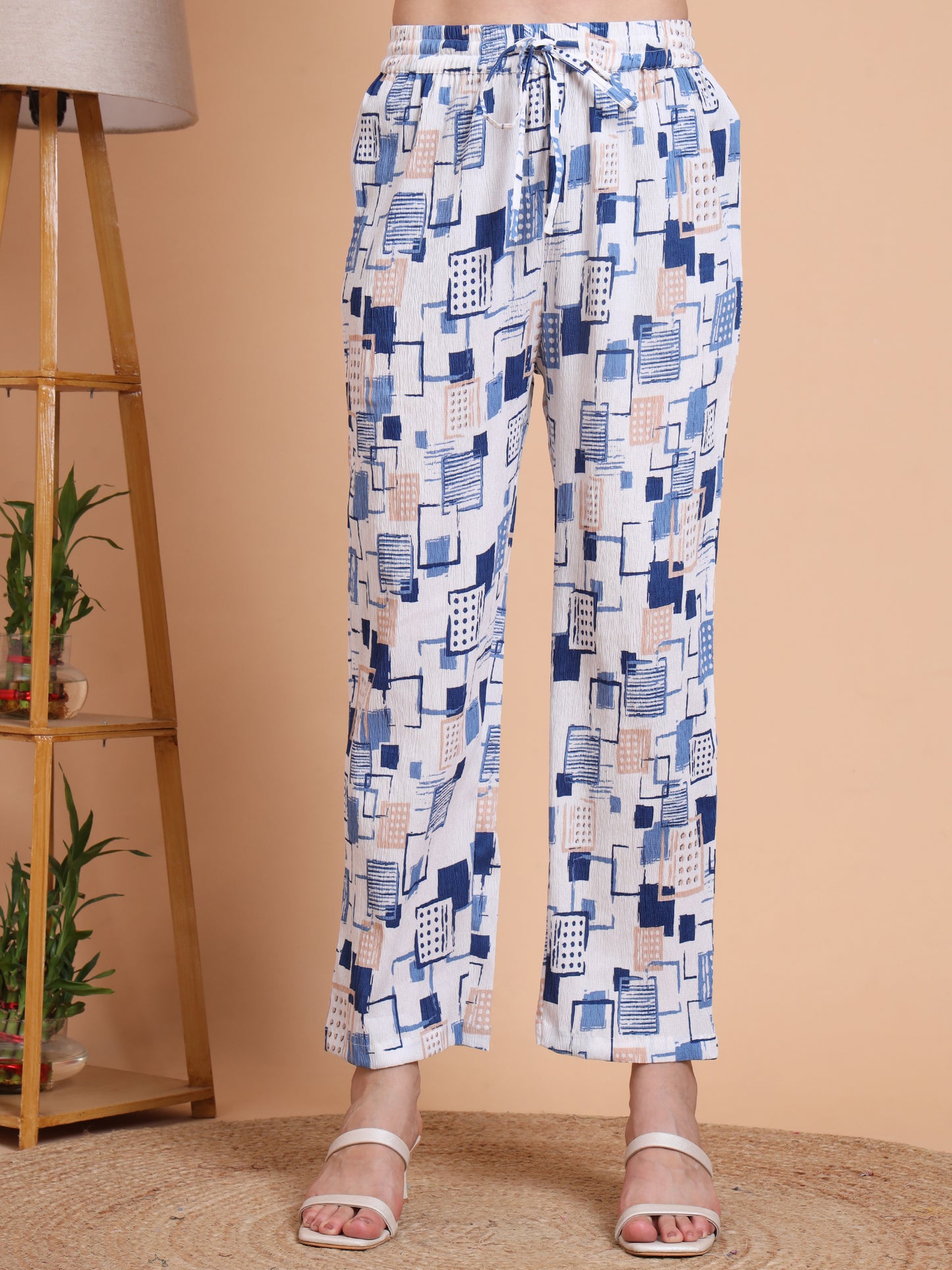 Yash Gallery Women’s Cotton Blend Printed Kaftan Style Top with Drawstring Waist & Straight Pants Night Suit Set (Blue)