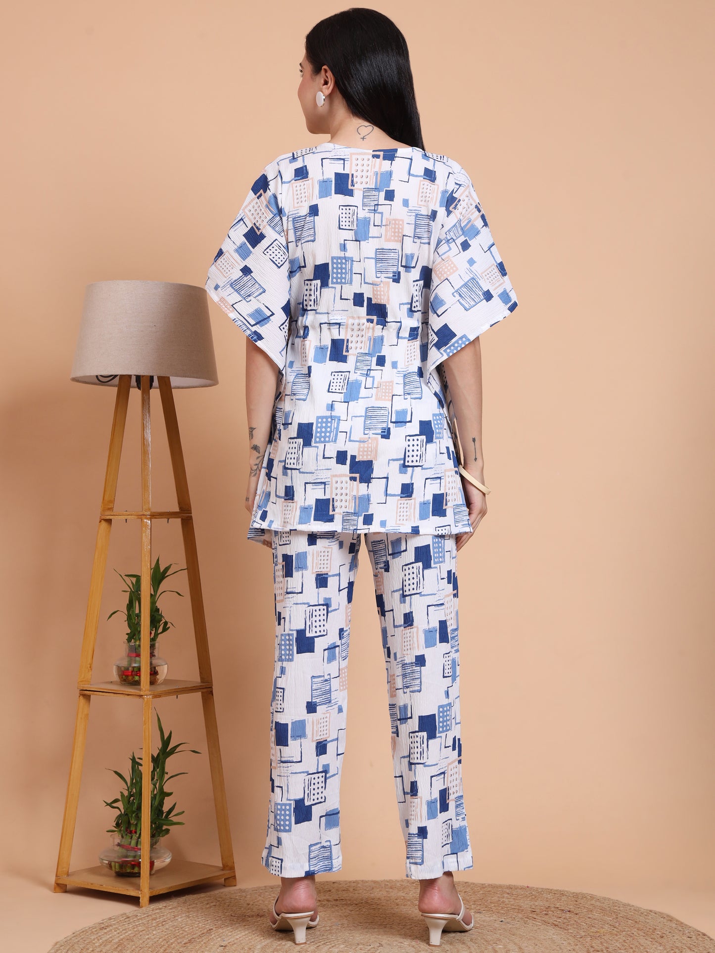 Yash Gallery Women’s Cotton Blend Printed Kaftan Style Top with Drawstring Waist & Straight Pants Night Suit Set (Blue)