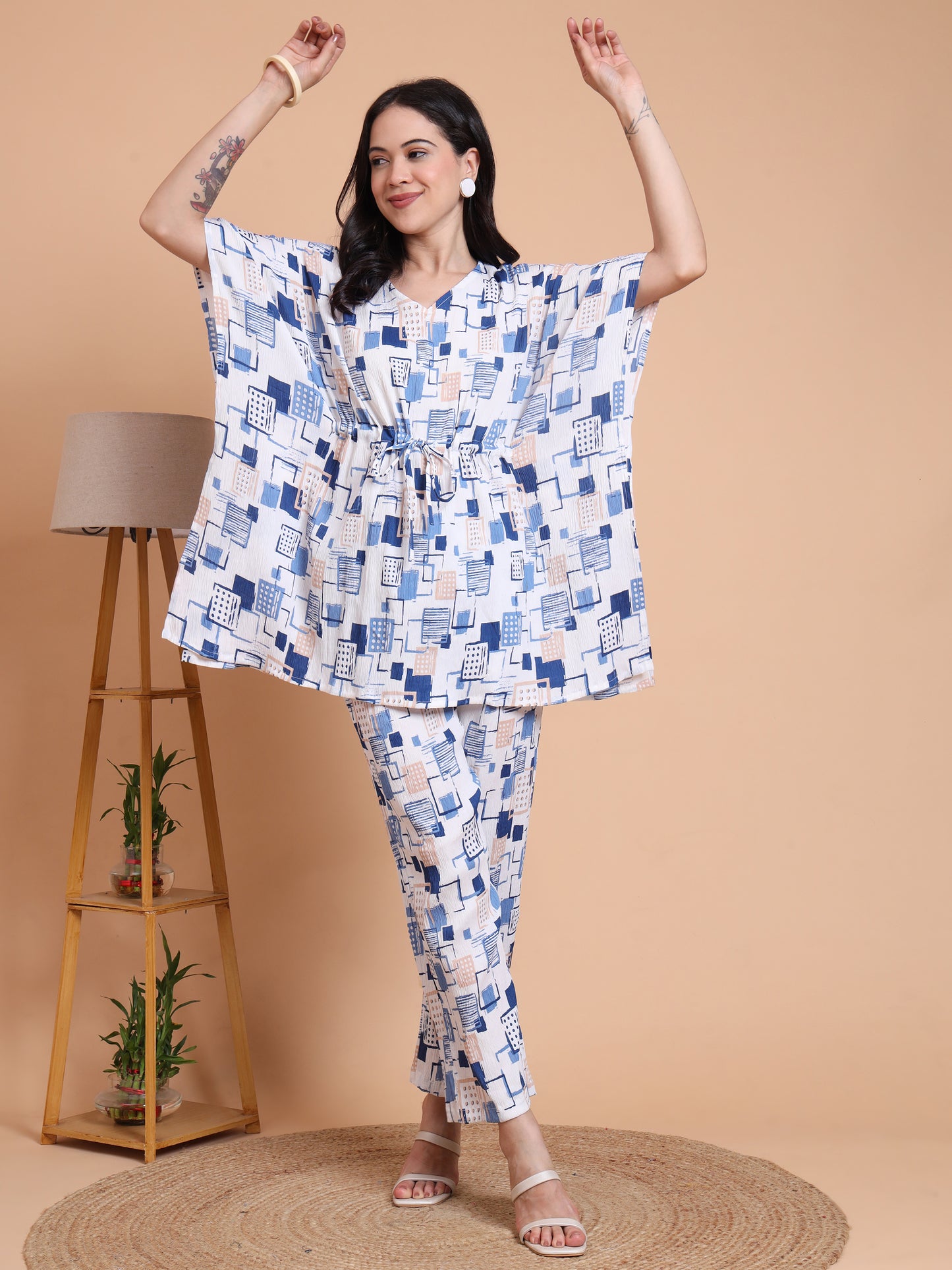 Yash Gallery Women’s Cotton Blend Printed Kaftan Style Top with Drawstring Waist & Straight Pants Night Suit Set (Blue)