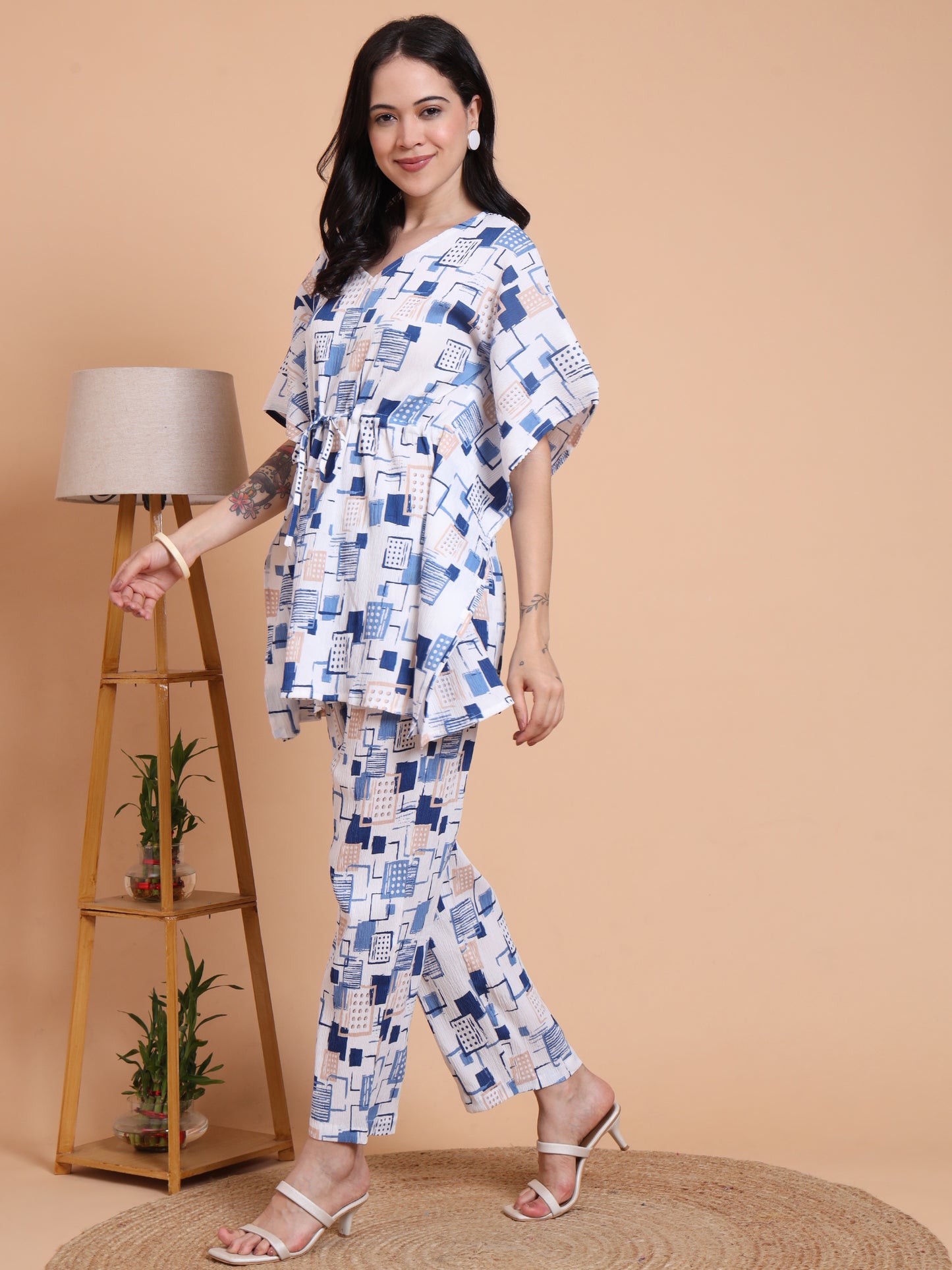 Yash Gallery Women’s Cotton Blend Printed Kaftan Style Top with Drawstring Waist & Straight Pants Night Suit Set (Blue)
