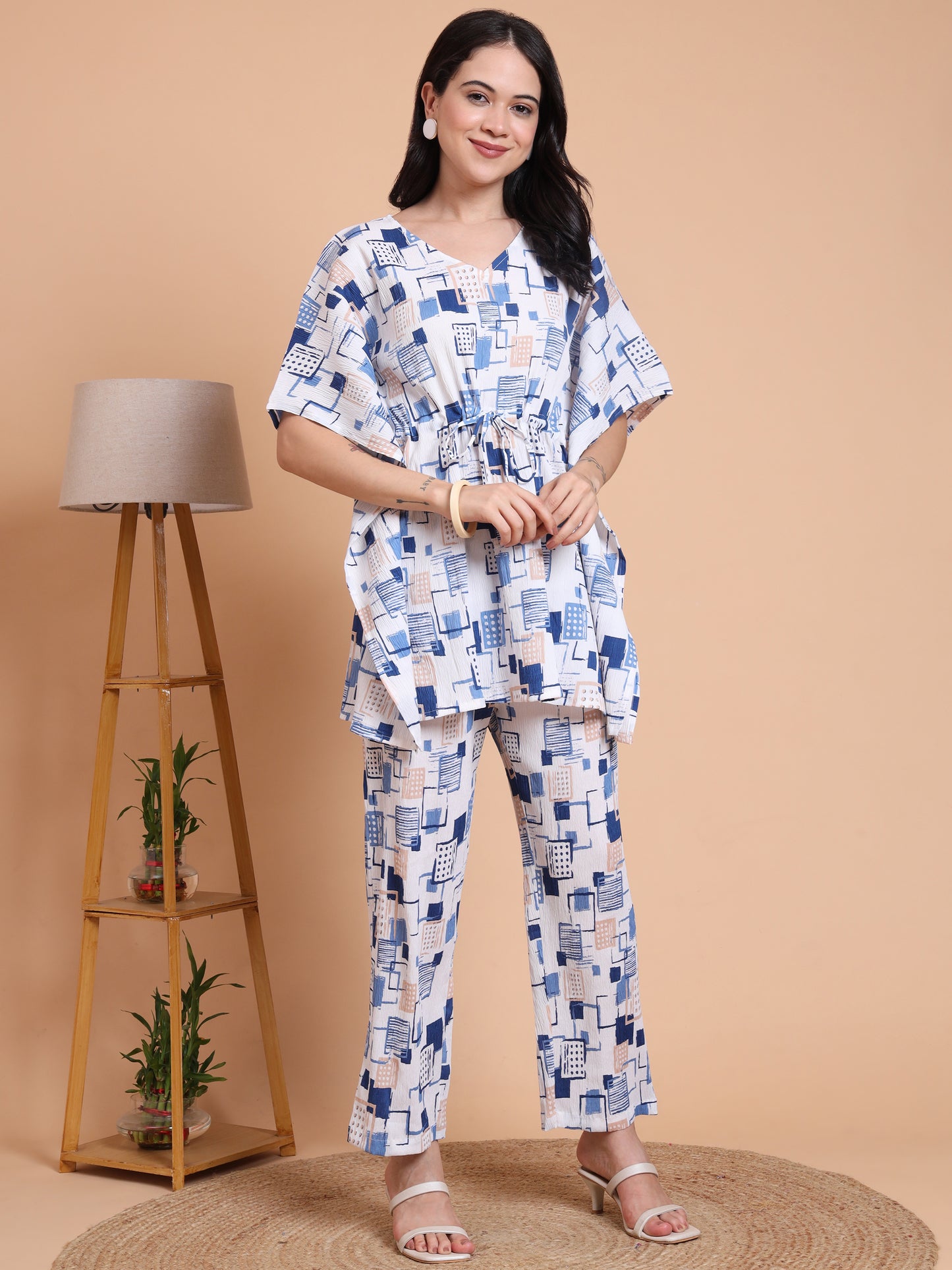 Yash Gallery Women’s Cotton Blend Printed Kaftan Style Top with Drawstring Waist & Straight Pants Night Suit Set (Blue)