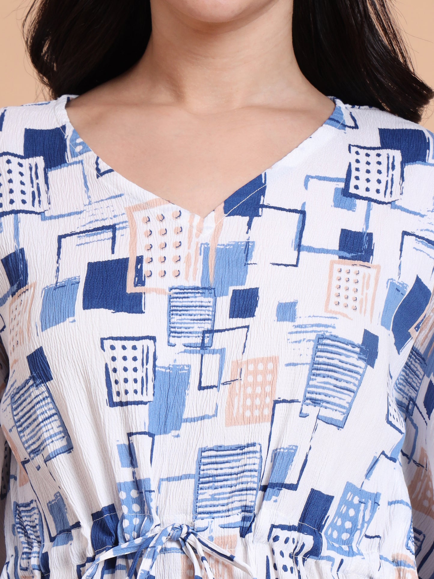 Yash Gallery Women’s Cotton Blend Printed Kaftan Style Top with Drawstring Waist & Straight Pants Night Suit Set (Blue)