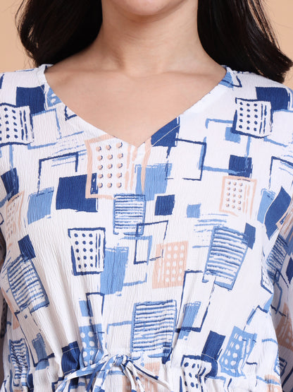 Yash Gallery Women’s Cotton Blend Printed Kaftan Style Top with Drawstring Waist & Straight Pants Night Suit Set (Blue)