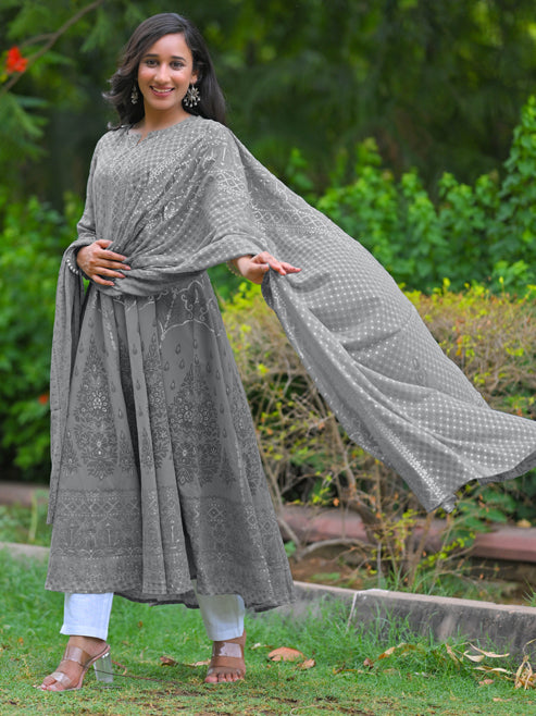 Yash Gallery Women's Polyester Calf Length 3/4th Sleeve Notch Neck Geometric Printed Anarkali Kurta with Dupatta