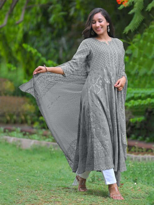 Yash Gallery Women's Polyester Calf Length 3/4th Sleeve Notch Neck Geometric Printed Anarkali Kurta with Dupatta