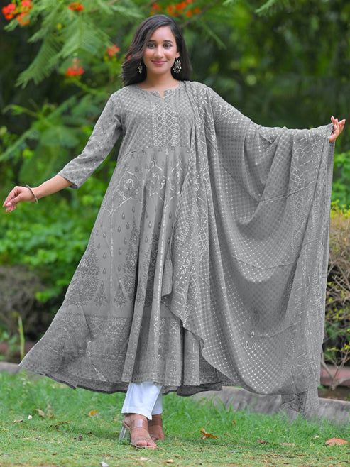 Yash Gallery Women's Polyester Calf Length 3/4th Sleeve Notch Neck Geometric Printed Anarkali Kurta with Dupatta