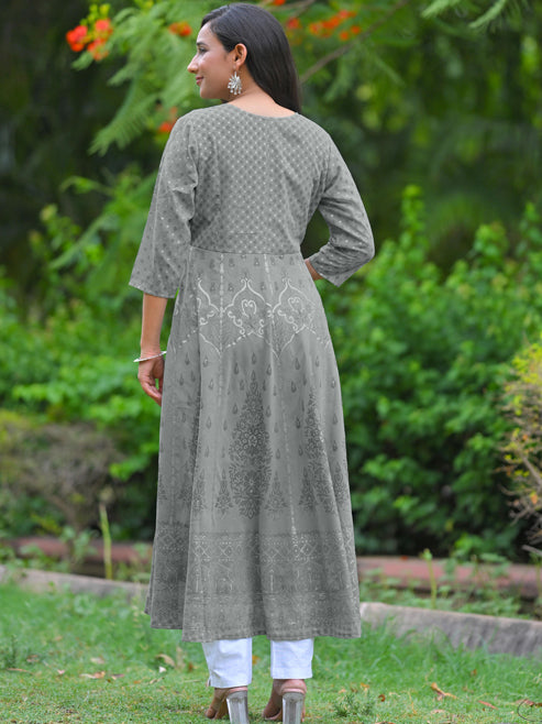 yash gallery womens polyester calf length 3 4th sleeve notch neck geometric printed anarkali kurta with dupatta 