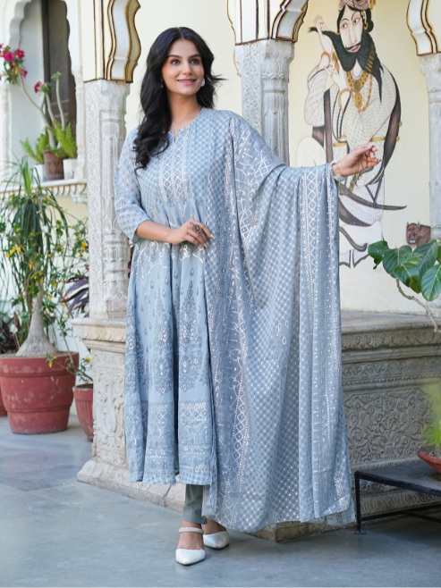 Yash Gallery Women's Polyester Calf Length 3/4th Sleeve Notch Neck Geometric Printed Anarkali Kurta with Dupatta