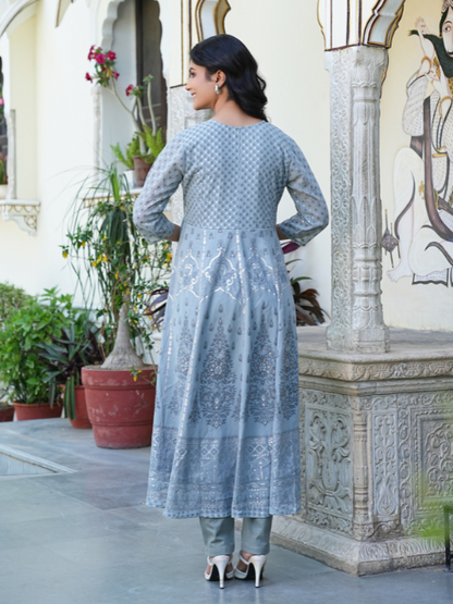 Yash Gallery Women's Polyester Calf Length 3/4th Sleeve Notch Neck Geometric Printed Anarkali Kurta with Dupatta