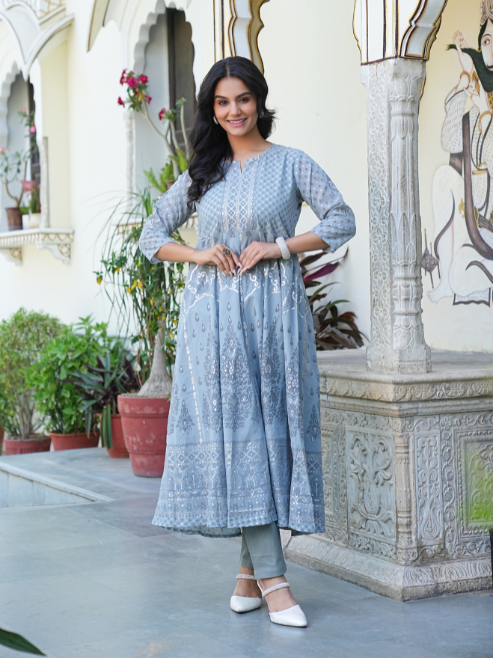 Yash Gallery Women's Polyester Calf Length 3/4th Sleeve Notch Neck Geometric Printed Anarkali Kurta with Dupatta