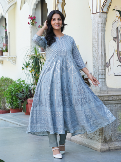 Yash Gallery Women's Polyester Calf Length 3/4th Sleeve Notch Neck Geometric Printed Anarkali Kurta with Dupatta