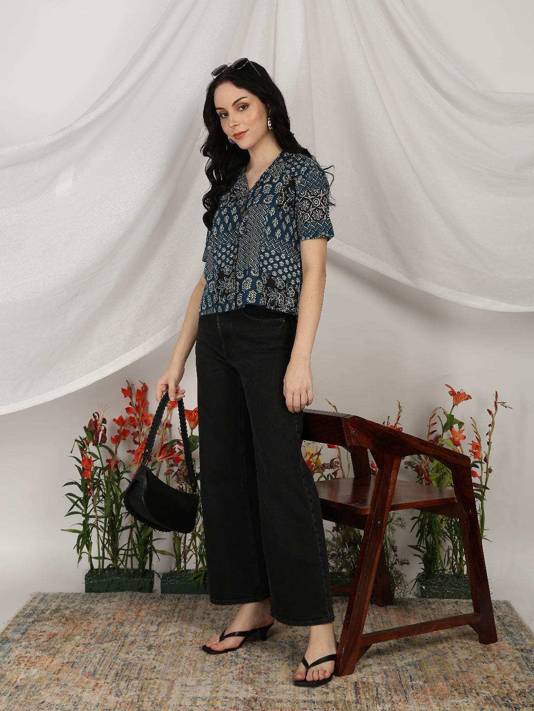 Blue Printed Cambric Cotton Short Sleeve Shirt Top
