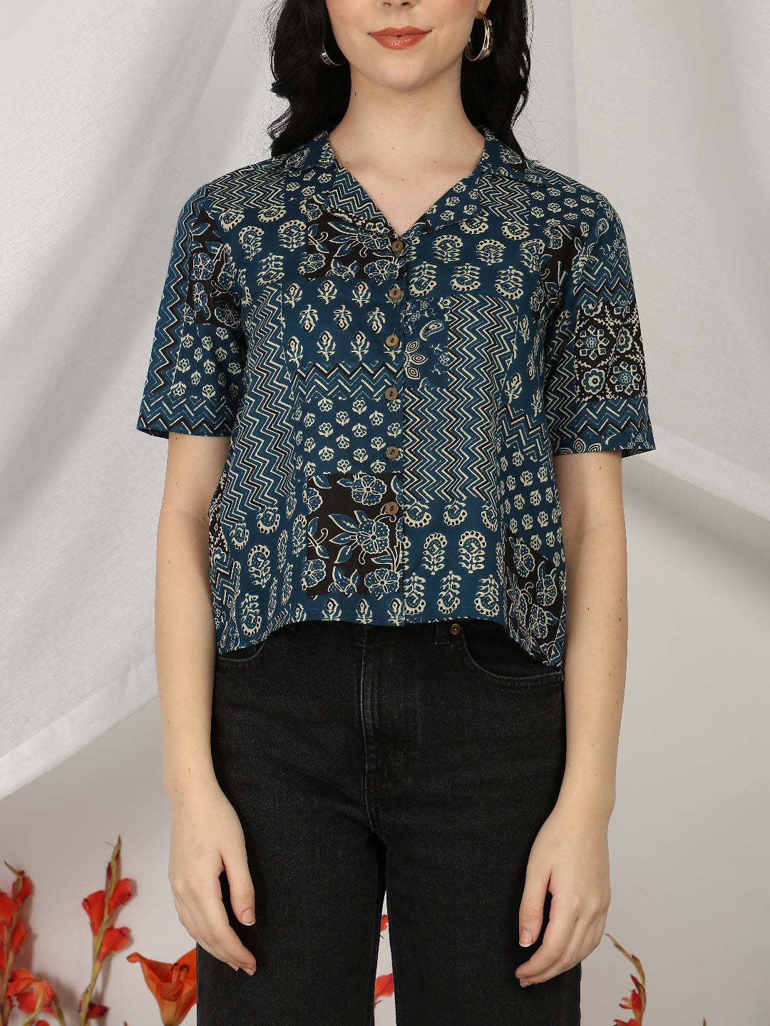Blue Printed Cambric Cotton Short Sleeve Shirt Top