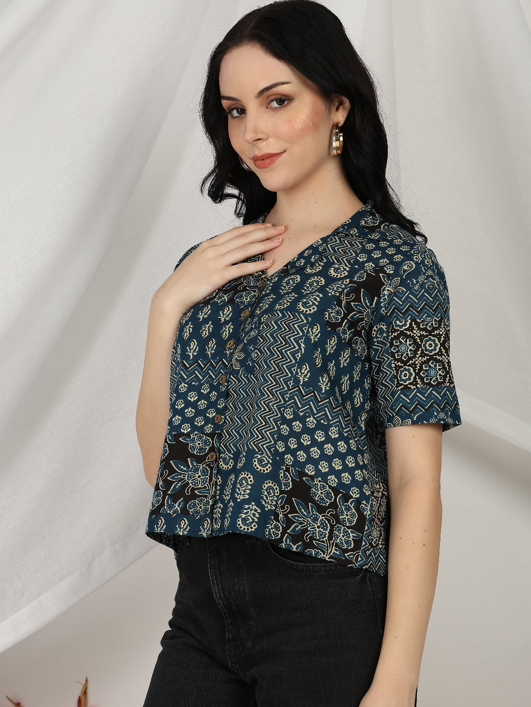 Yash Gallery Women's Blue Printed Cambric Cotton Short Sleeve Shirt Top