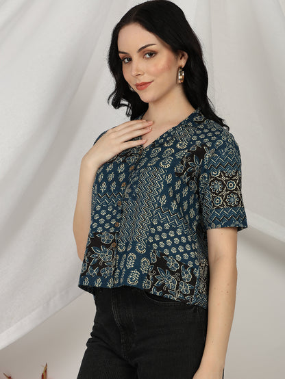 Yash Gallery Women's Blue Printed Cambric Cotton Short Sleeve Shirt Top