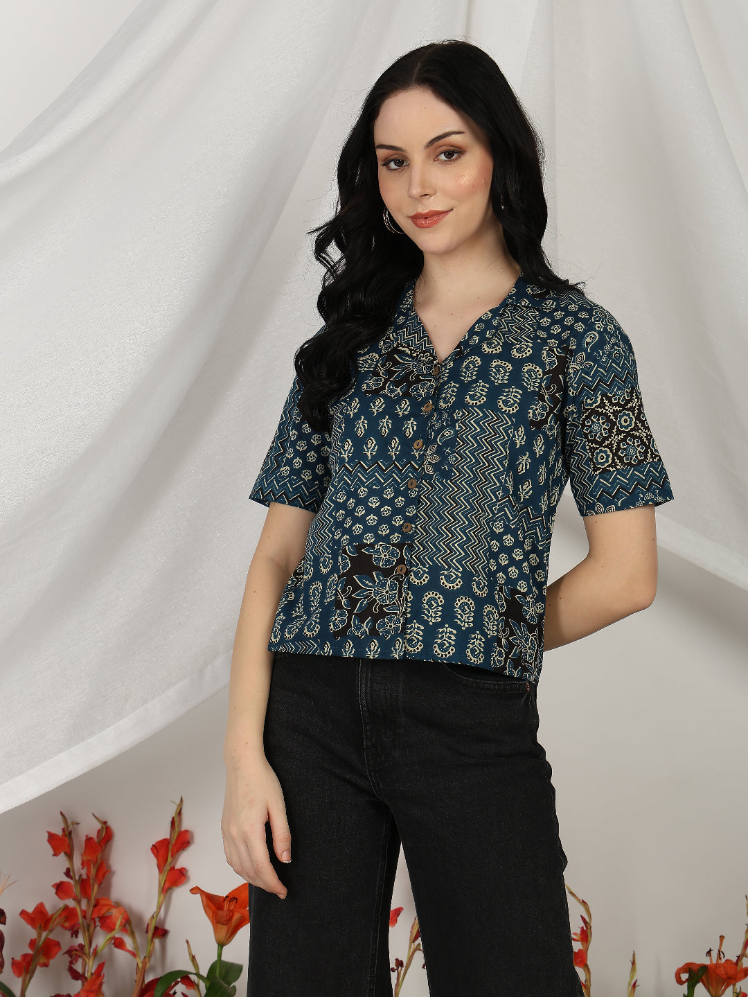 Blue Printed Cambric Cotton Short Sleeve Shirt Top