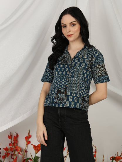 Blue Printed Cambric Cotton Short Sleeve Shirt Top