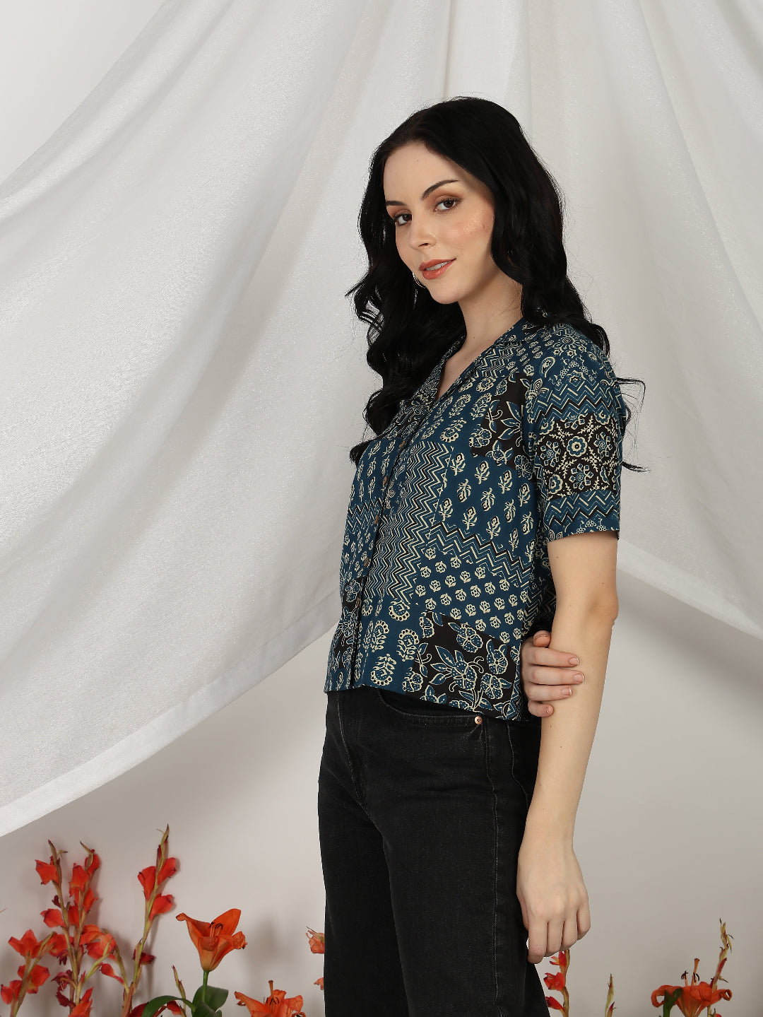 Blue Printed Cambric Cotton Short Sleeve Shirt Top