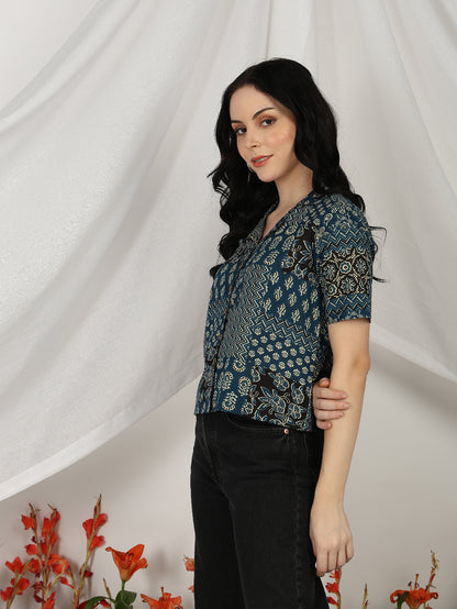 Blue Printed Cambric Cotton Short Sleeve Shirt Top
