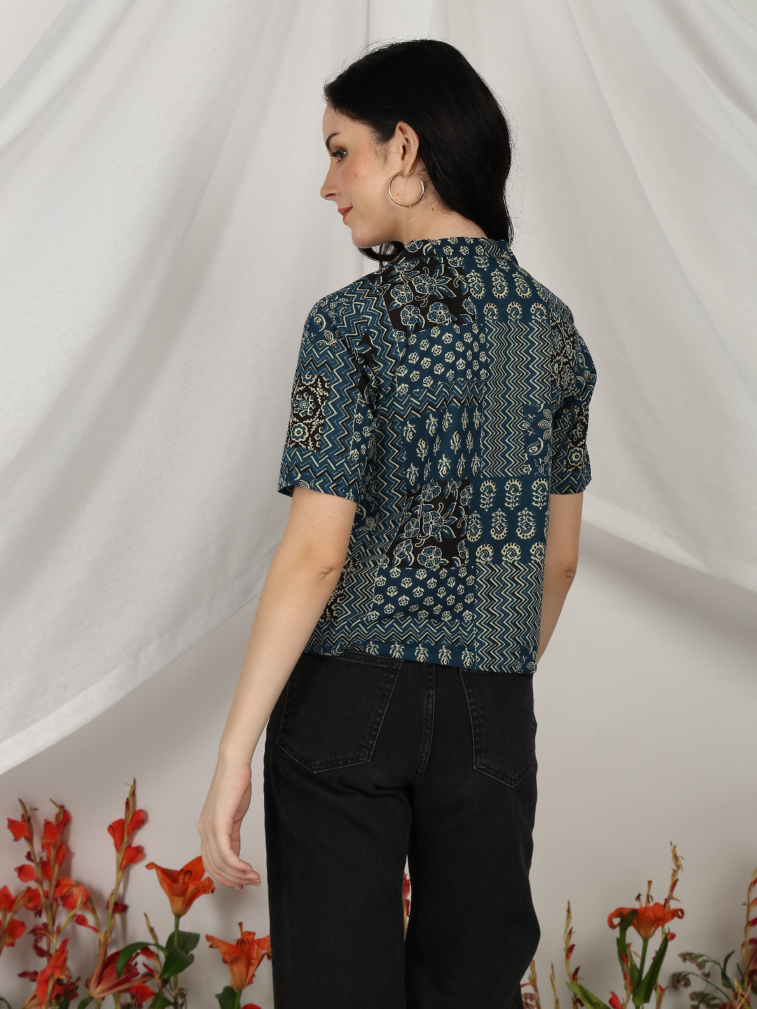 Blue Printed Cambric Cotton Short Sleeve Shirt Top