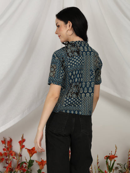 Blue Printed Cambric Cotton Short Sleeve Shirt Top