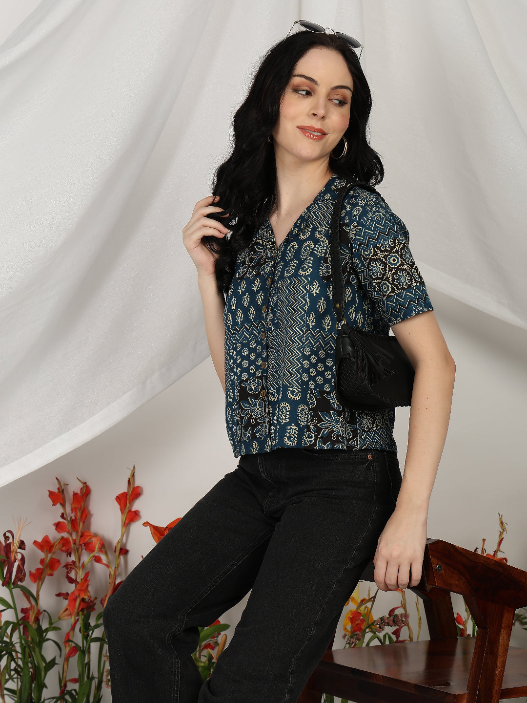 Blue Printed Cambric Cotton Short Sleeve Shirt Top