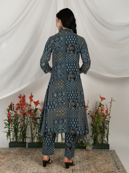 Yash Gallery Women’s Cambric Cotton Blue Printed A-Line Kurta with Pant Set