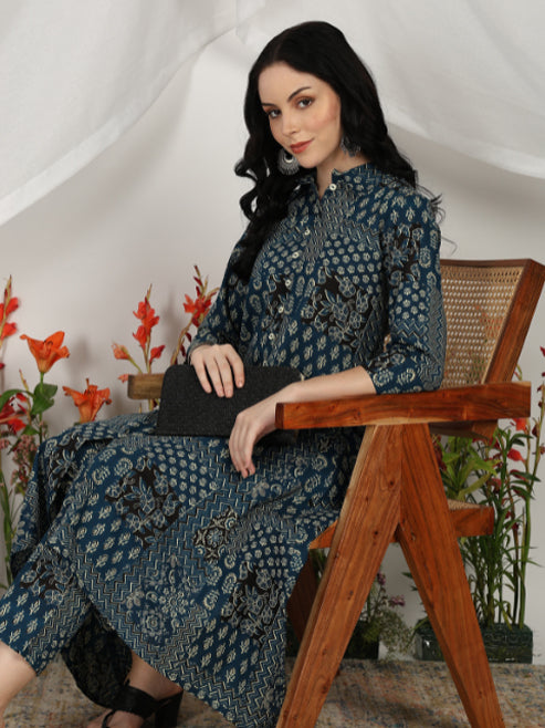 Yash Gallery Women’s Cambric Cotton Blue Printed A-Line Kurta with Pant Set