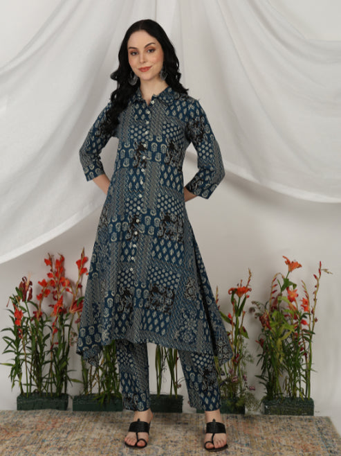 Yash Gallery Women’s Cambric Cotton Blue Printed A-Line Kurta with Pant Set