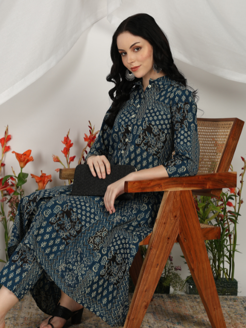 Yash Gallery Women’s Cambric Cotton Printed A-Line Kurta with Pant Set