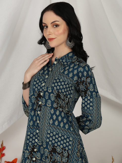 Yash Gallery Women’s Cambric Cotton Blue Printed A-Line Kurta with Pant Set