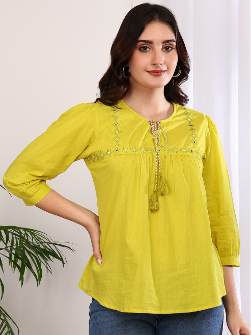 Yash Gallery Women's Cotton Embroidered 3/4 Sleeve Keyhole Neck Casual Straight Tops