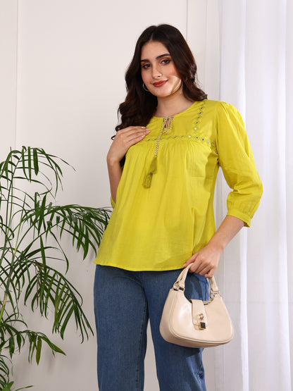 Yash Gallery Women's Cotton Embroidered 3/4 Sleeve Keyhole Neck Casual Straight Tops