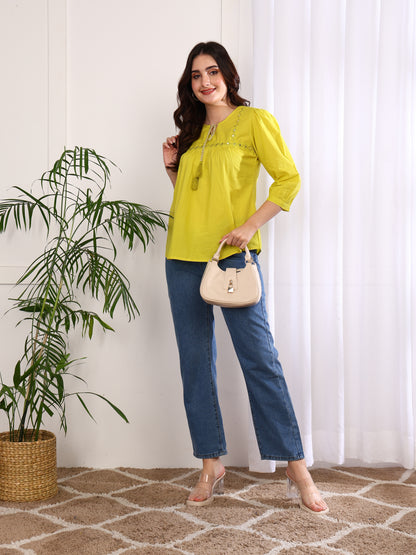 Yash Gallery Women's Cotton Embroidered 3/4 Sleeve Keyhole Neck Casual Straight Tops